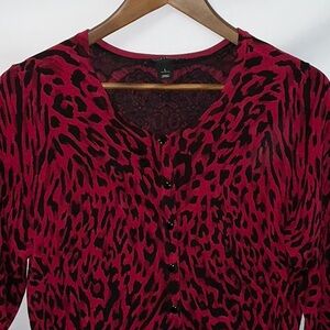 White House Black Market, Red Cardigan, Leopard Print, Size Large